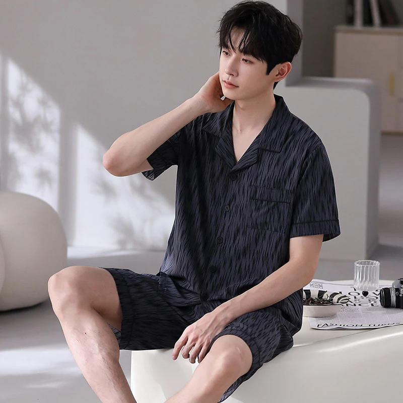 2025冰丝男士夏季睡衣凉感男青少年翻领可外穿薄款休闲家居服套装