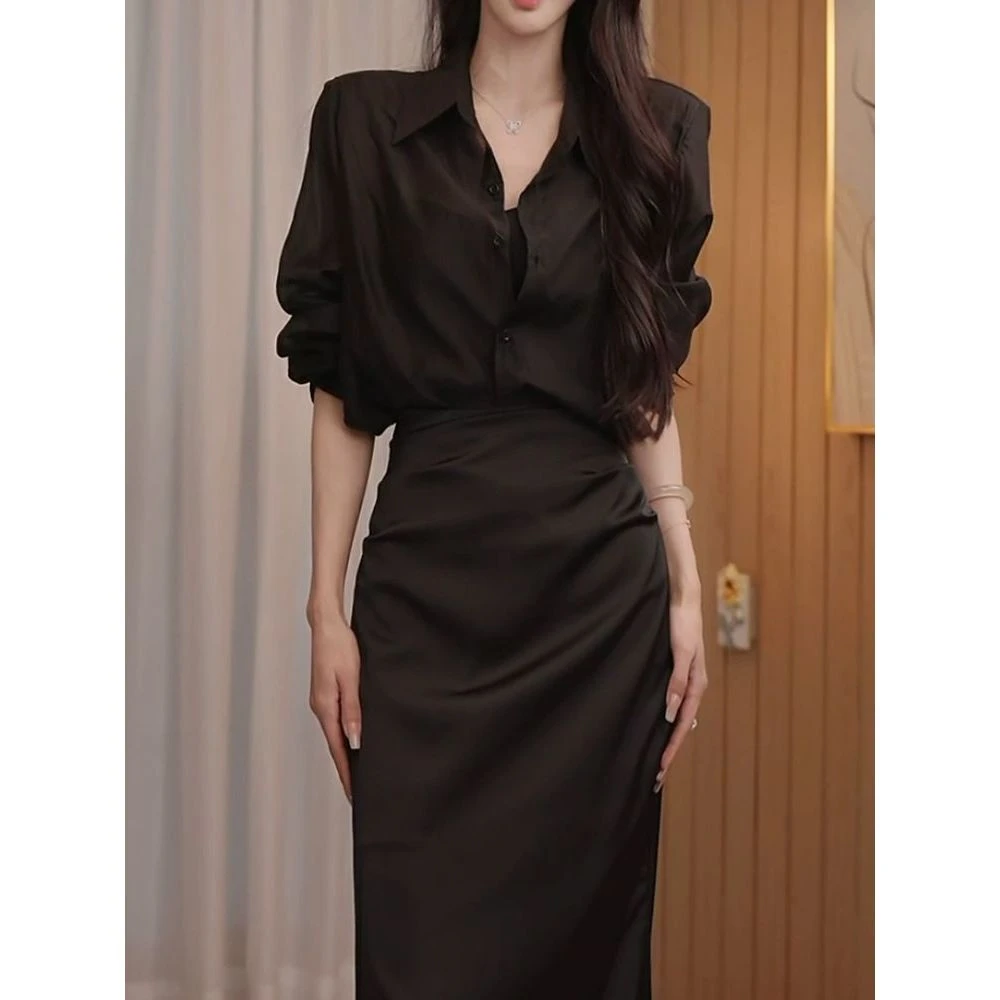 时尚潮流套装2025夏季新款高档优雅纯色五分袖上衣+半身裙两件套