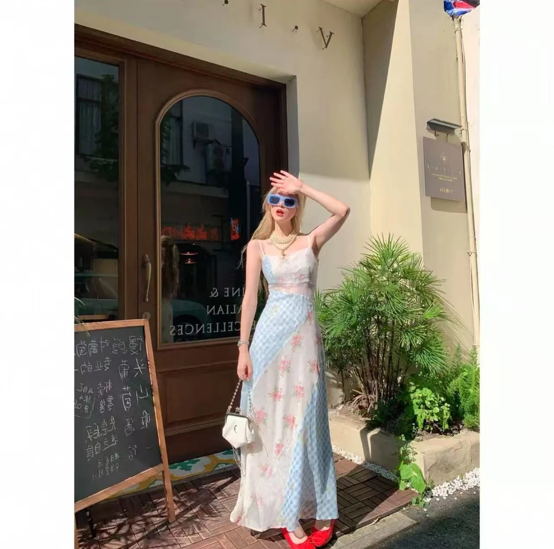 法式度假风格纹碎花吊带大码连衣裙气质收腰仙女长裙夏季新款6339