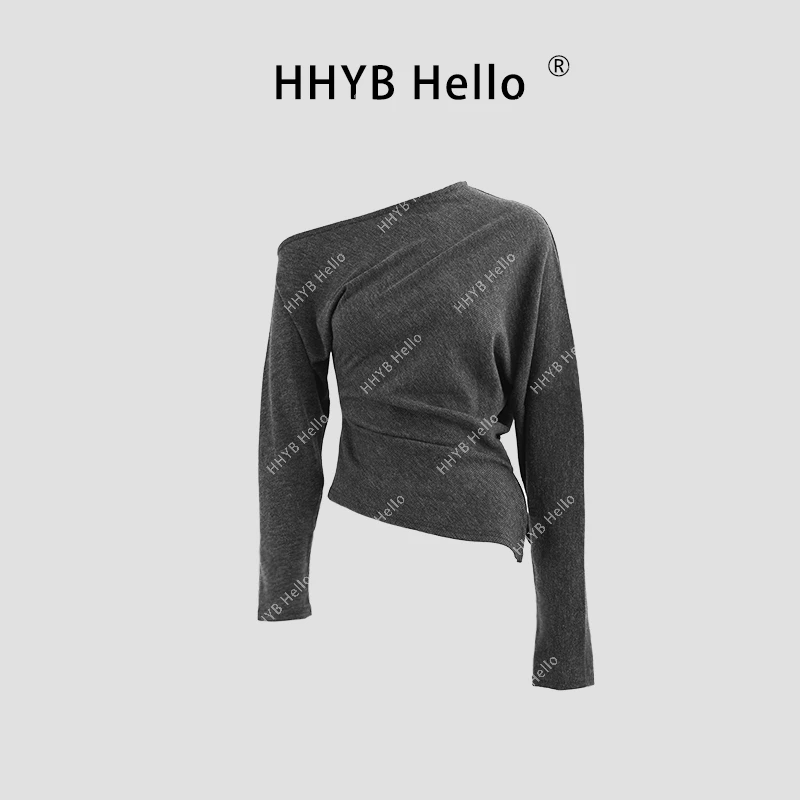 HHYB Hello2024新款时尚百搭一字领斜肩长袖不规则收褶T恤240519