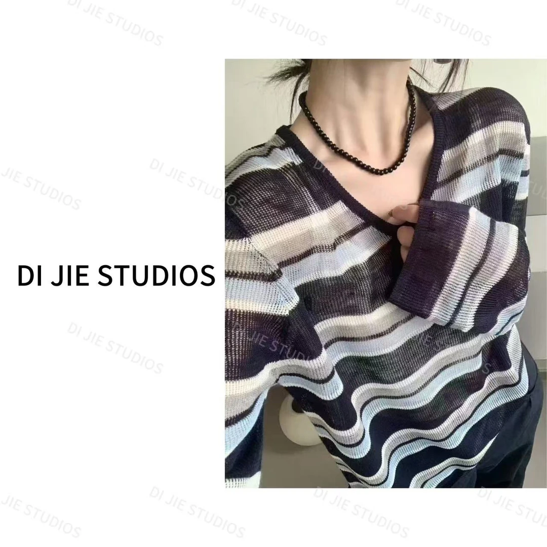 DIJIE极简V领条纹针织薄款极简慵懒风外搭长袖防晒#25702