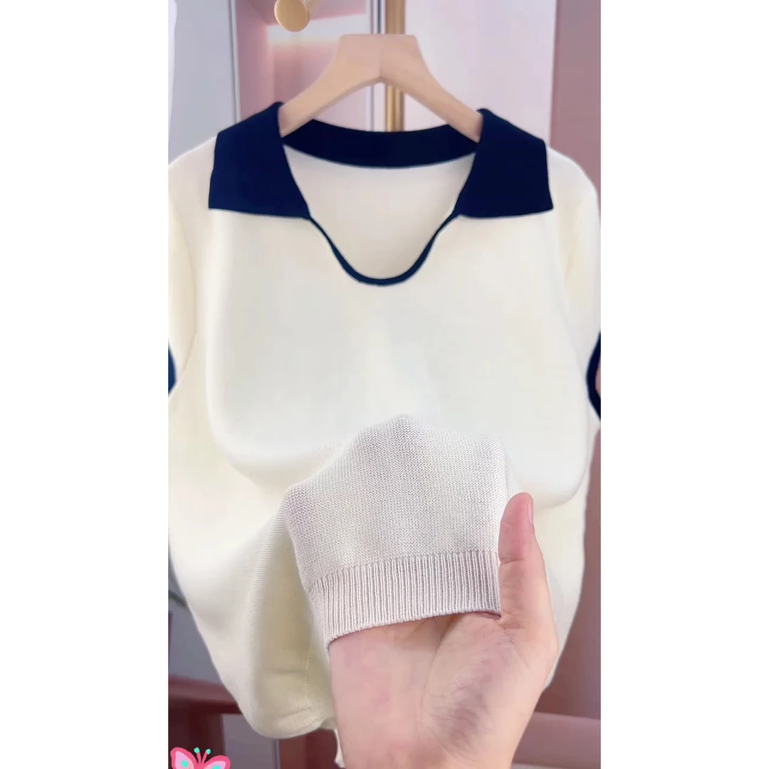 夏季新款翻领撞色薄款短袖针织衫洋气时尚百搭上衣