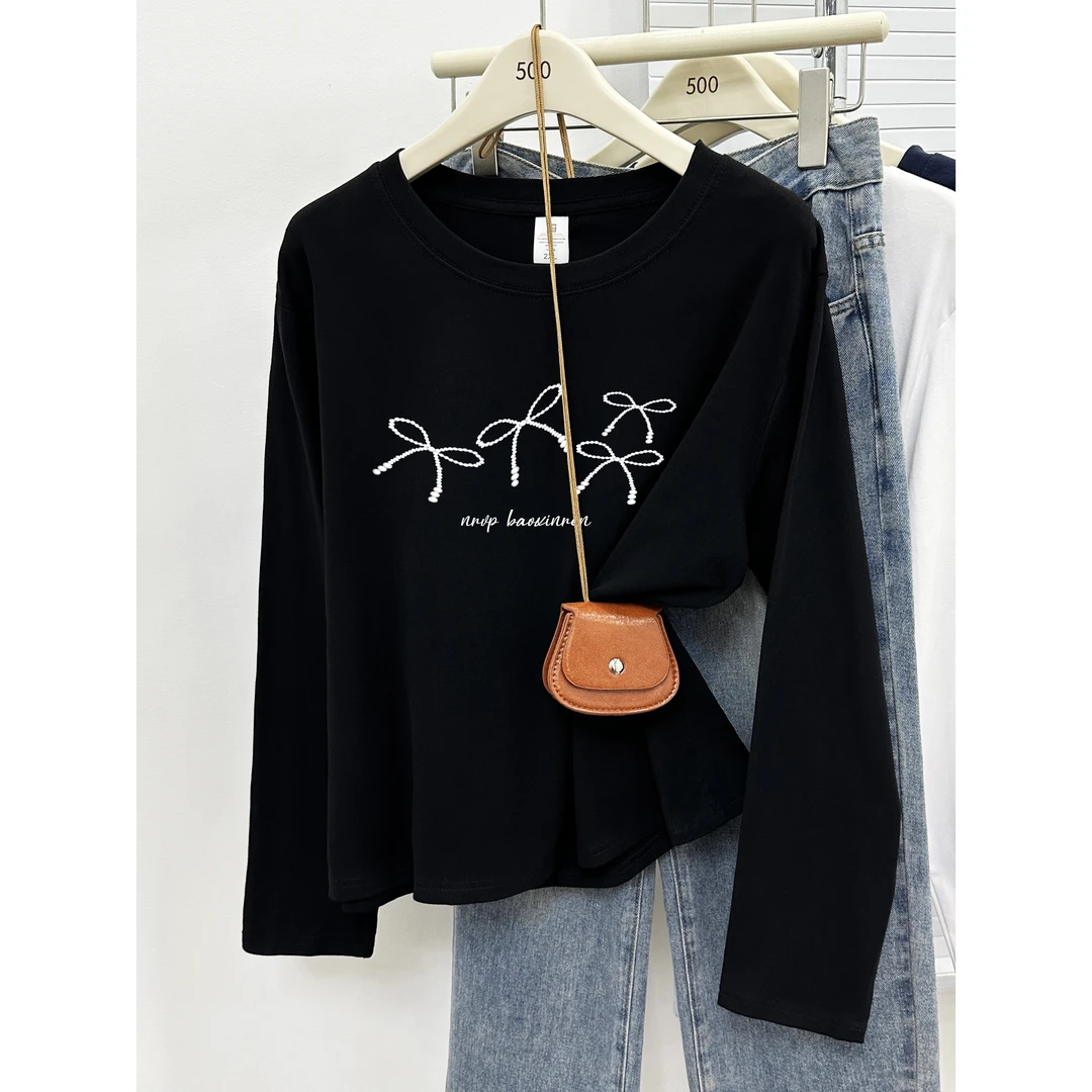 2025秋季新款蝴蝶结圆领正肩长袖T恤女装胖mm大码时尚打底衫上衣