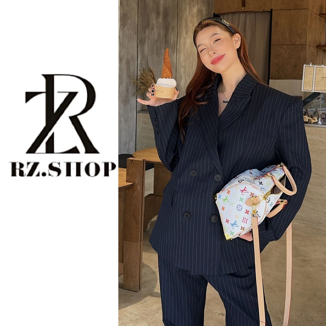 RZ定制款藏青色条纹垫肩西装外套