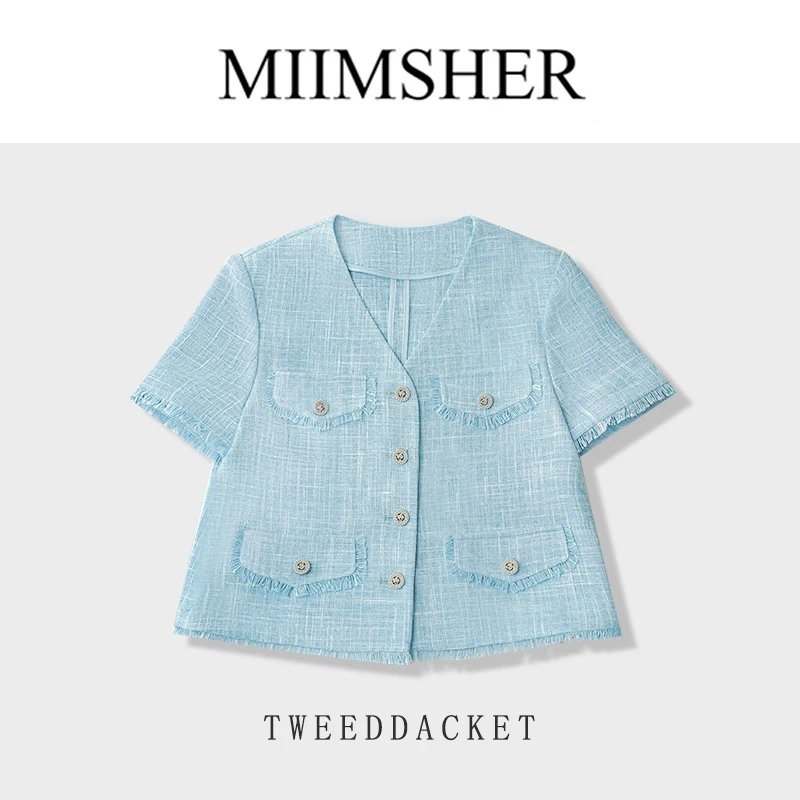 【海盐微风】法式气质甜美小香风外套V领流苏拉毛短袖外套25A1047