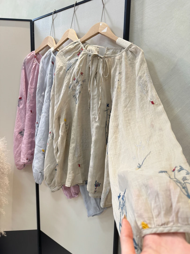 100%苎麻刺绣长袖衬衫~新中式系带宽松小衫
