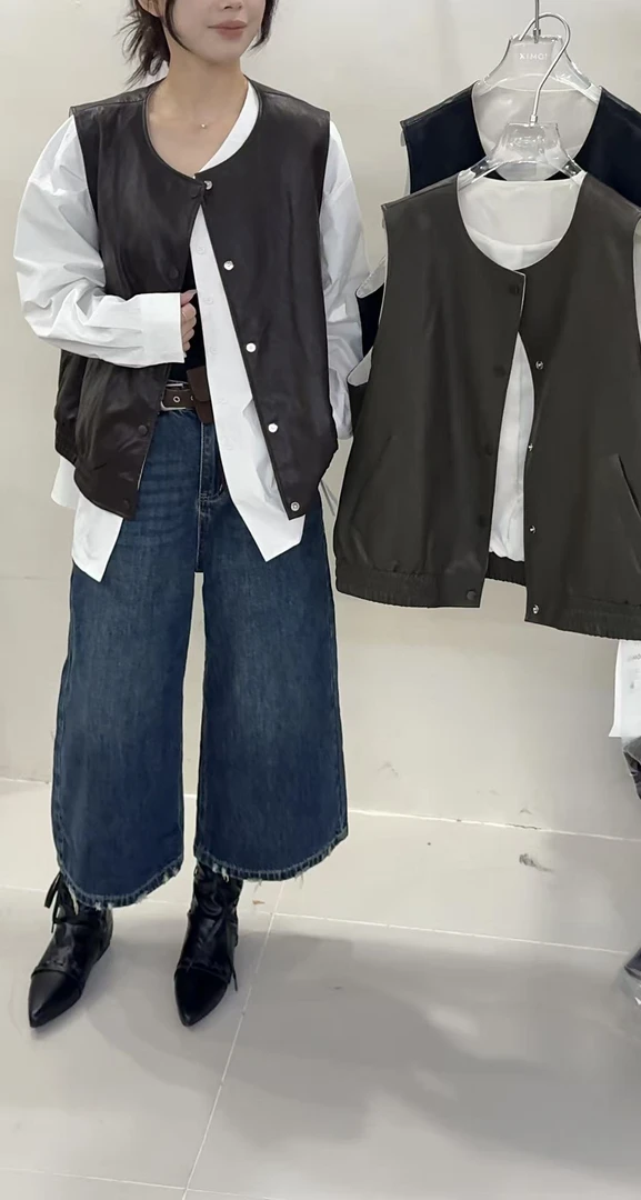 5328秋季PU蛋白皮马甲背心女韩版宽松显瘦百搭无袖坎肩马甲外套潮