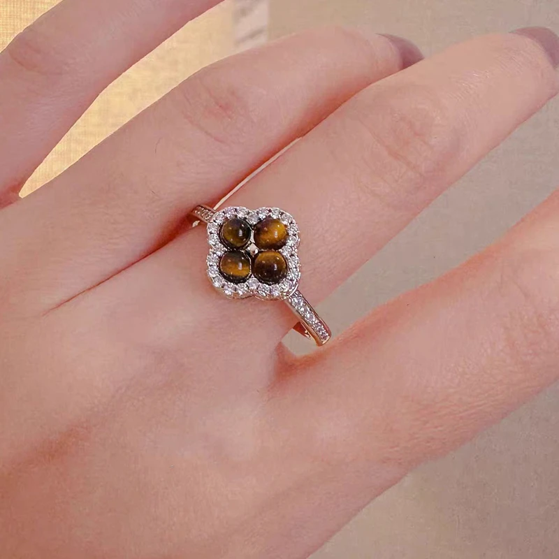 时尚百搭蛋面木变石虎眼石微镶圆花四叶草开口戒指