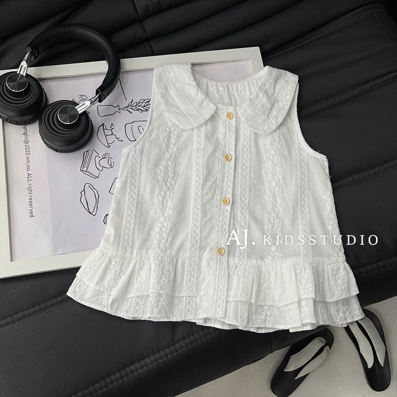 Q【古早小白花】阿卷蕾丝提花双层下摆设计薄翻领娃娃衫上衣MPG6163