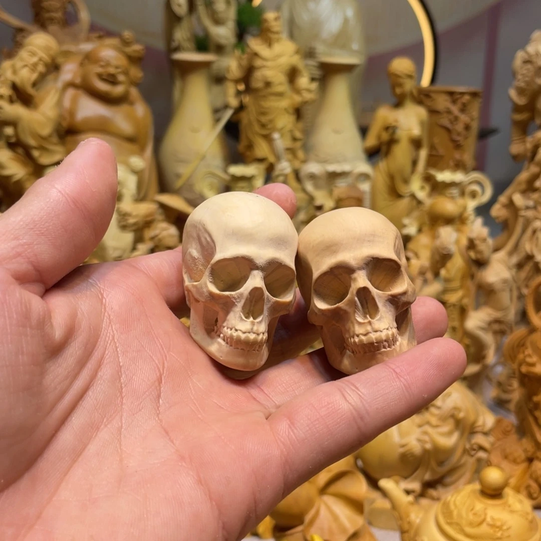 黄杨木黄杨木头骨一对瑕疵