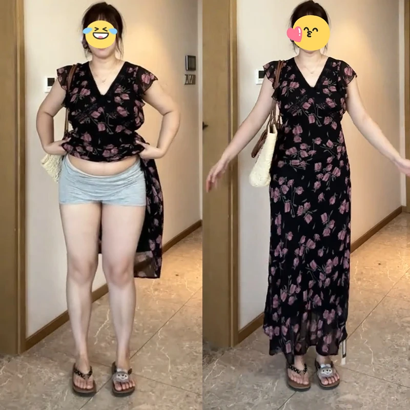 胖MM法式小飞袖碎花连衣裙夏季新款茶歇法式复古碎花v领气质长裙