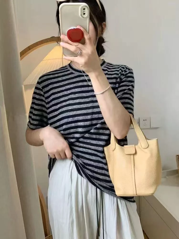 8812撞色条纹棉麻圆领短袖透气显瘦休闲百搭上衣