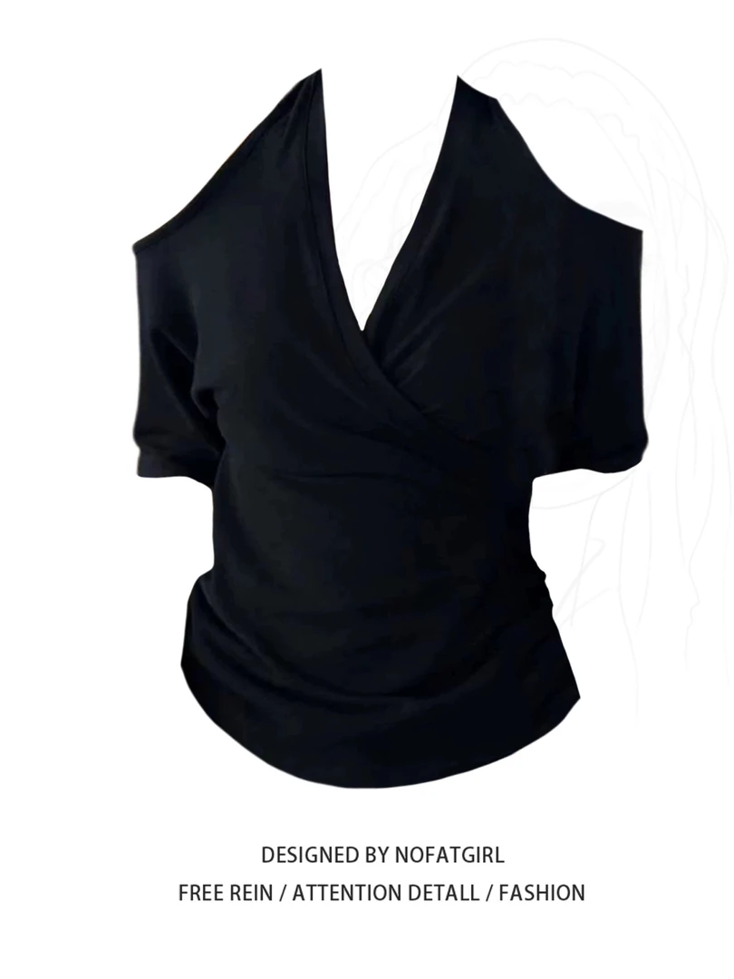 大码胖MM法式复古黑色挂脖露肩T恤女夏季新款收腰显瘦设计感上衣
