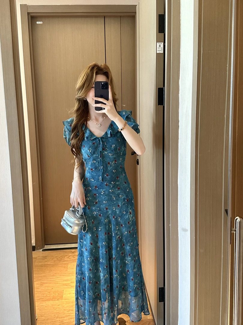 雨欣专属法式碎花夏装显瘦连衣裙2025夏季新款复古印花收腰减龄裙