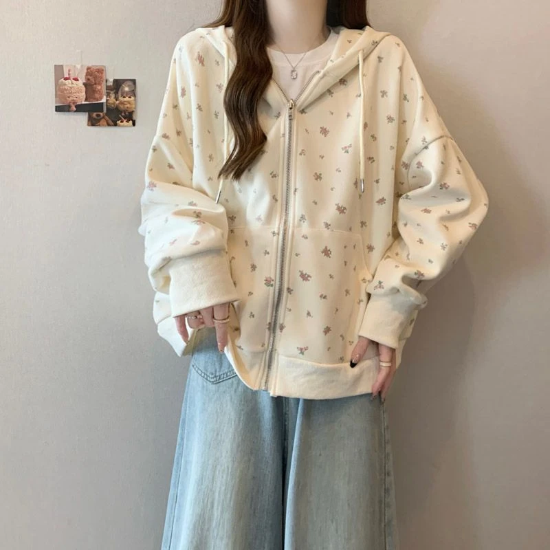 少女感蝴蝶结碎花连帽卫衣女小个子春秋新款拉链加绒开衫休闲外套