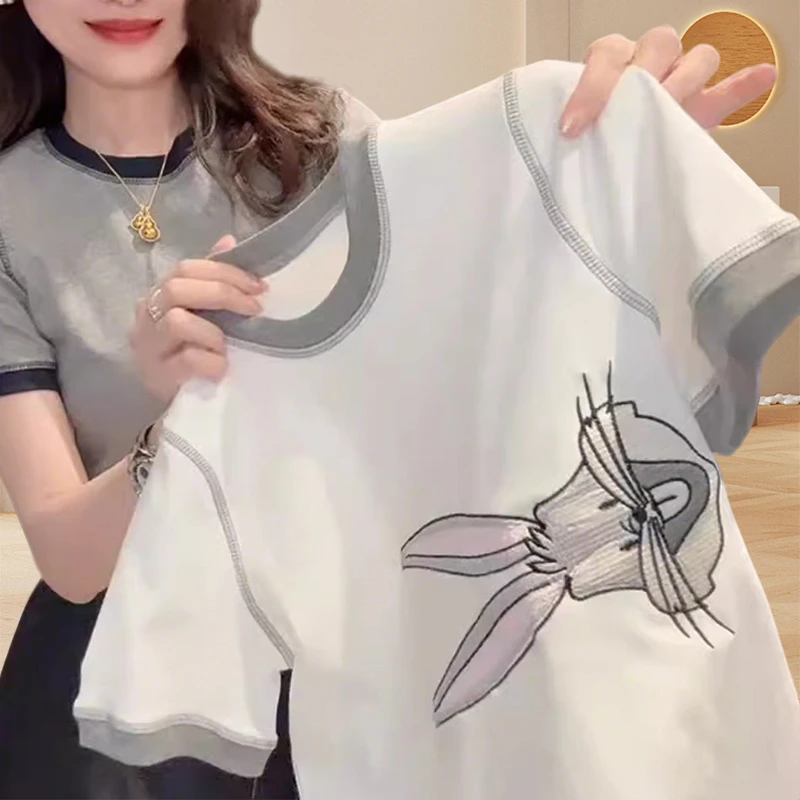 兔子印花撞色纯棉短袖T恤女夏季新款洋气休闲女装百搭显瘦上衣女