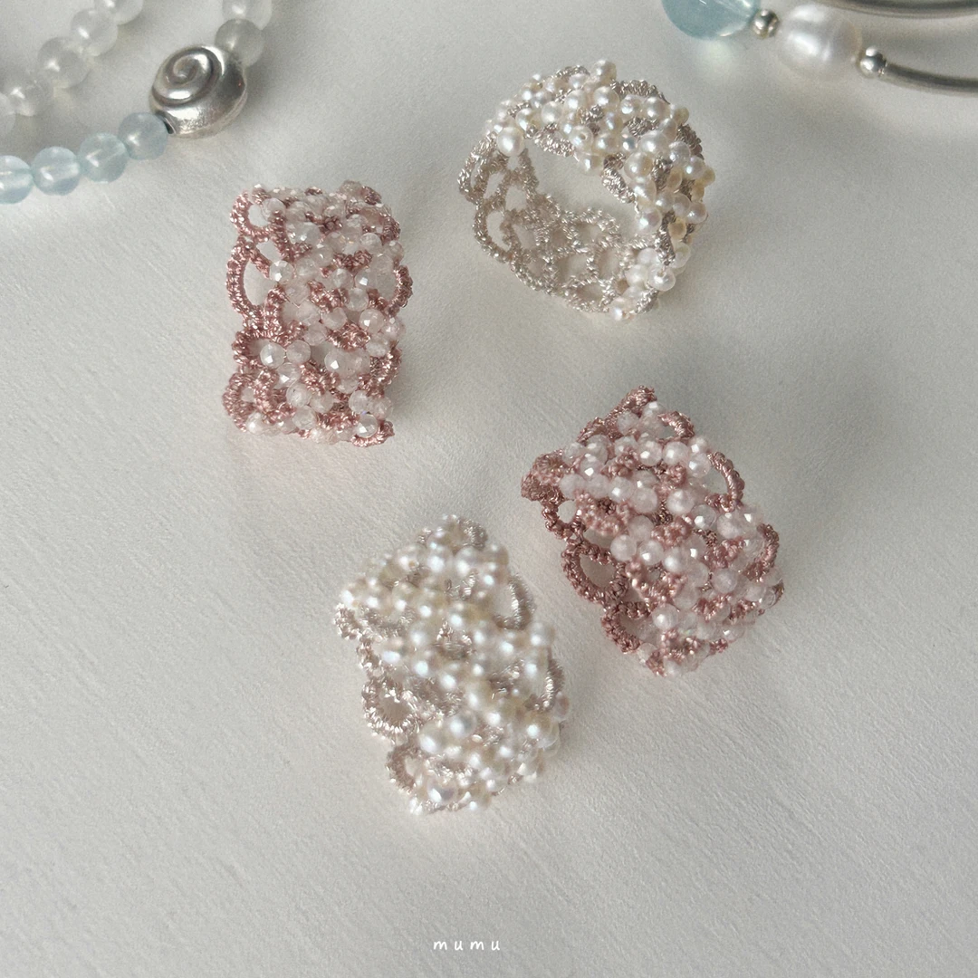钛钢仿珍珠戒指 mumu 纯手工钩针 超特别日系蕾丝少女百搭戒指