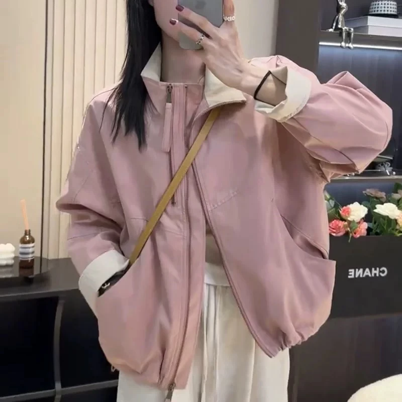 韩系立领短款冲锋衣女2025新款宽松显瘦双拉链设计夹克休闲外套女