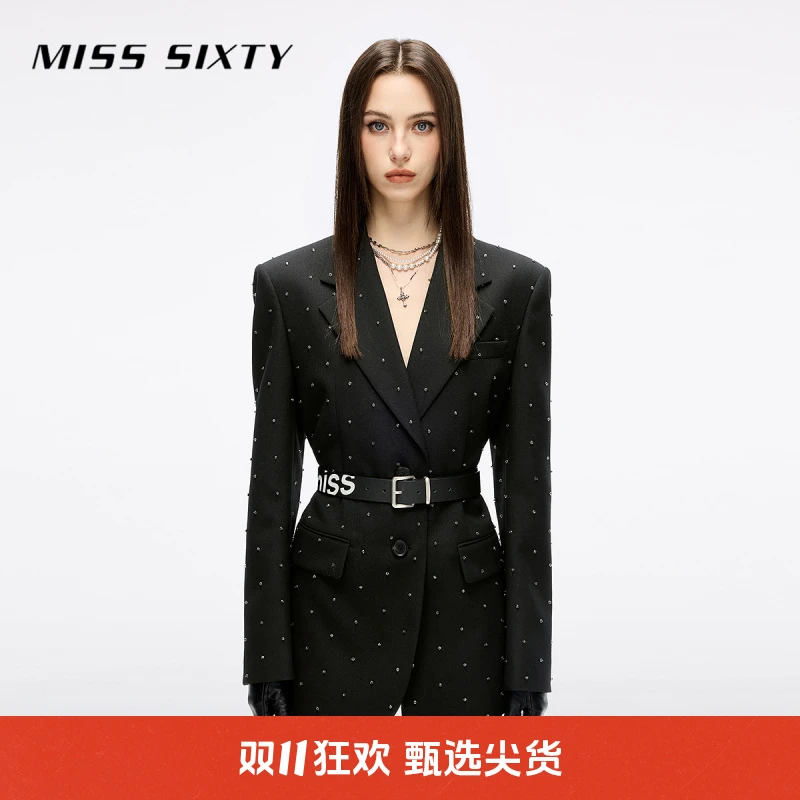 Miss Sixty2025秋季新款羊毛精纺西装女重工钉珠宽松中长垫肩外套