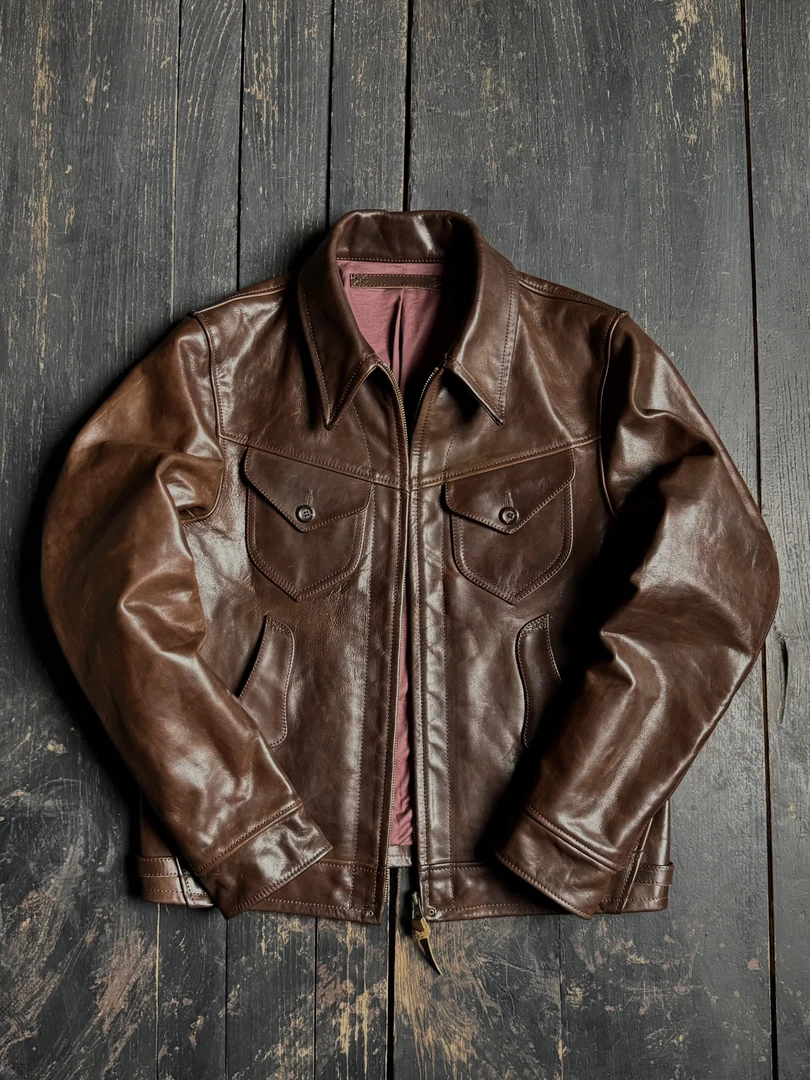 美式复古门多萨农场主真皮皮衣做旧油蜡牛皮RRL德华款方领皮夹克