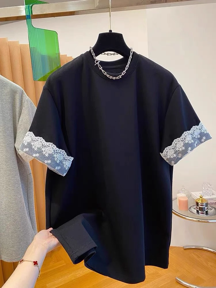 98991宽松短袖t恤女欧洲站2025年夏季女装韩版蕾丝拼接T恤衫