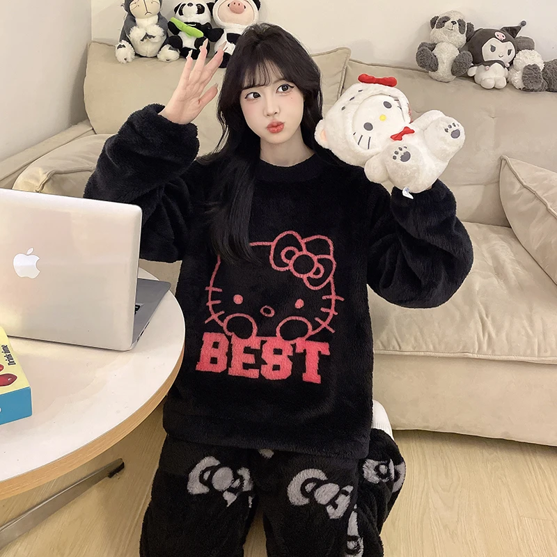 冬季新款睡衣女奶甜Kitty甜美加绒加厚家居服套装可外穿保暖爆款