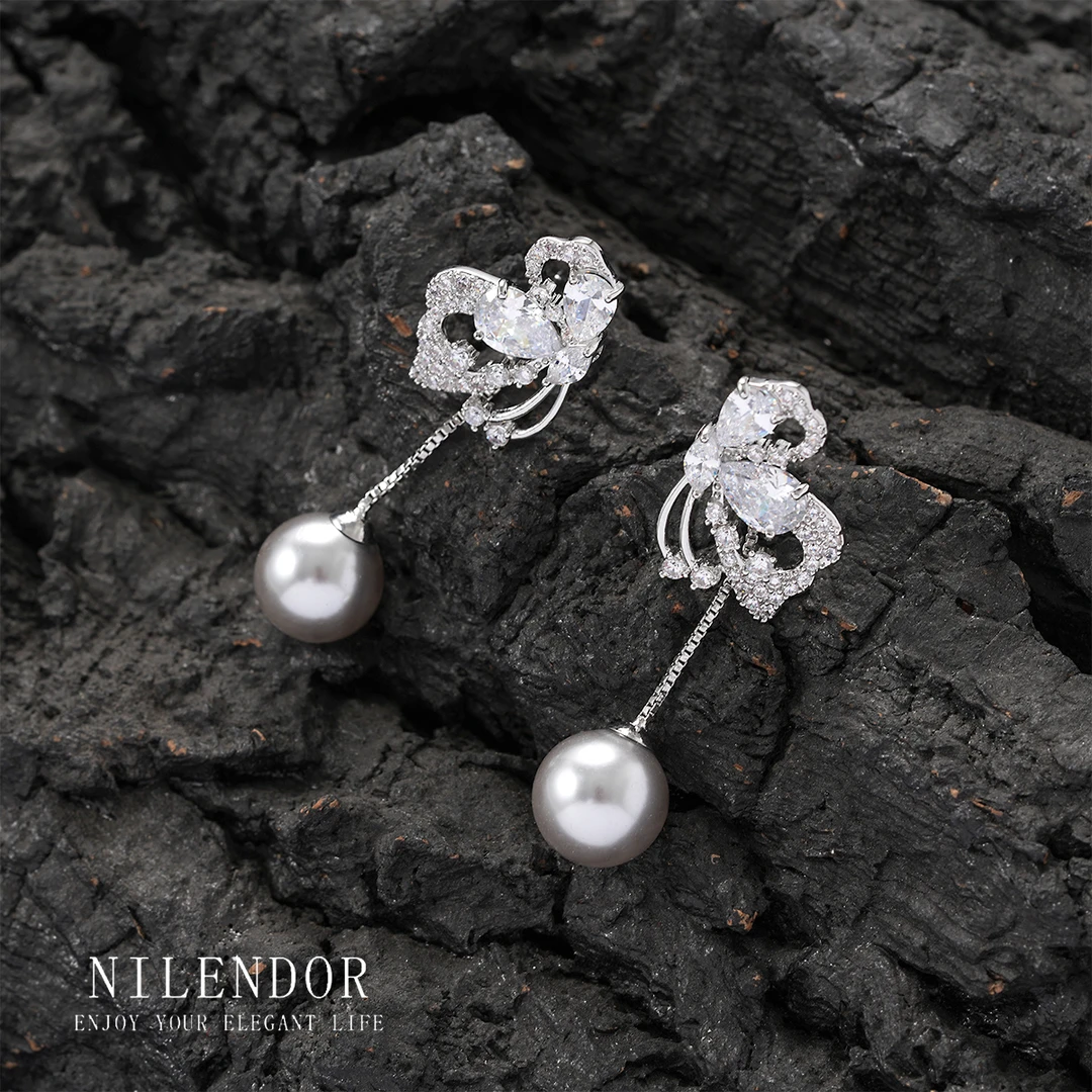 铜合金合成锆石耳饰 ES-400轻奢气质蝴蝶珠珠耳钉