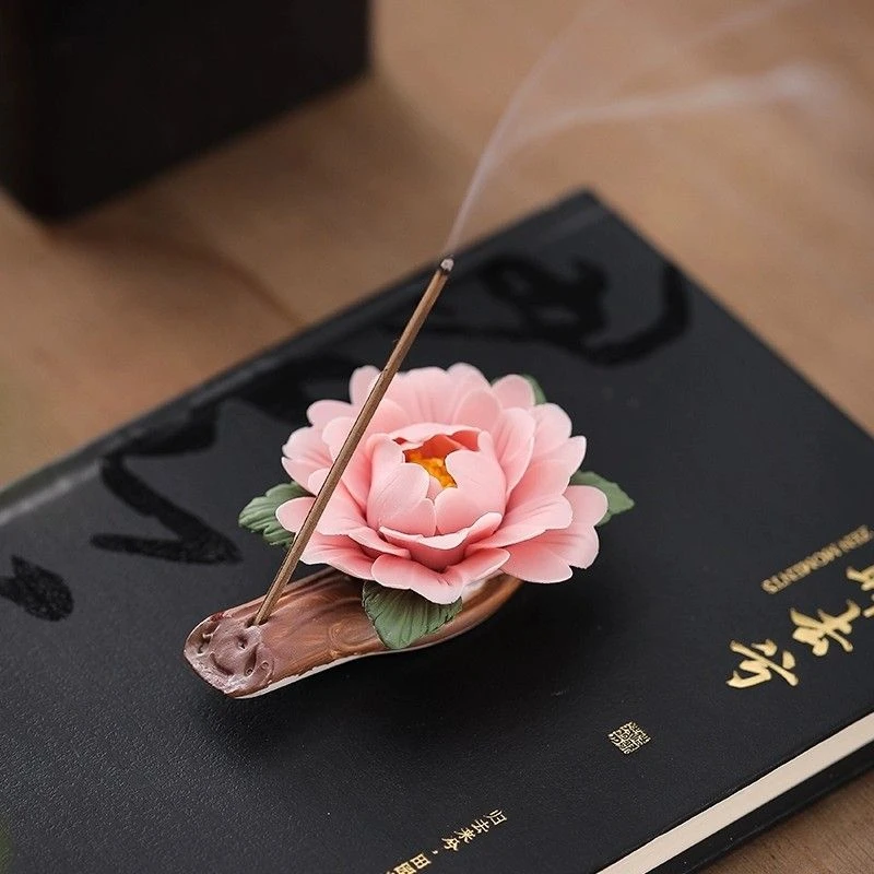 创意香薰陶瓷手捏牡丹花线香插手工瓷花客厅茶室桌面装饰香插底座
