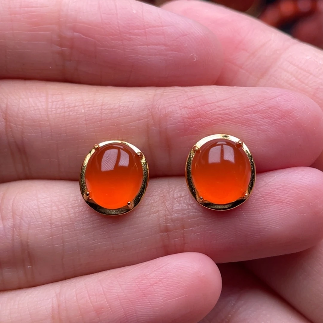 南红玛瑙银S925镶嵌珠宝奇石耳钉