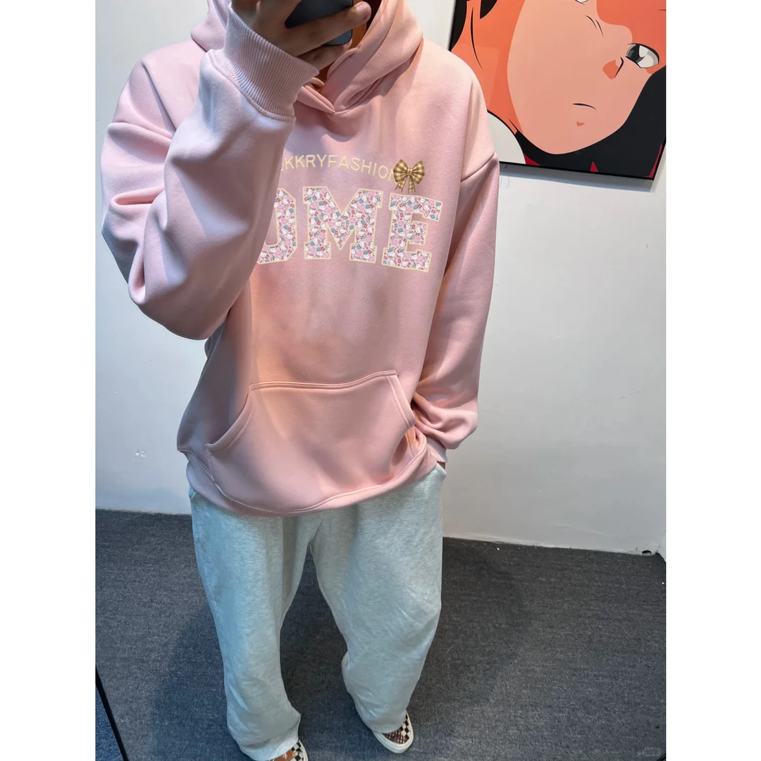 美式创意秋冬连帽卫衣男女卡通动漫字母印花宽松粉色情侣款上衣