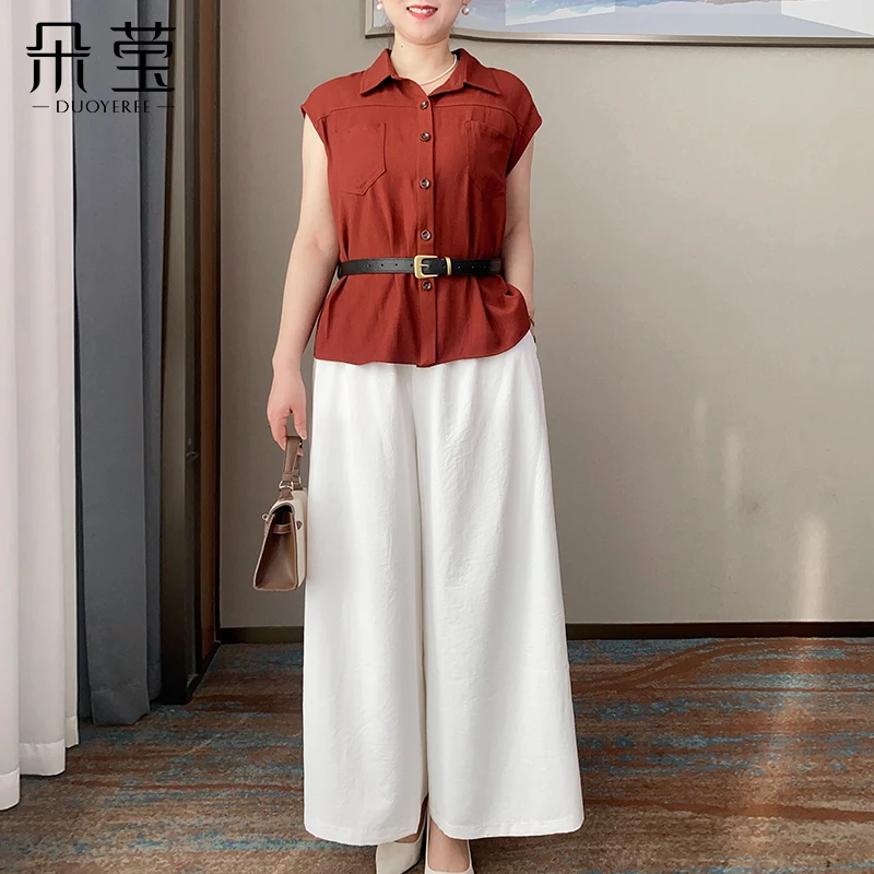 夏季显瘦衬衫套装2025新款时尚气质收腰气质中年两件套装25-C066