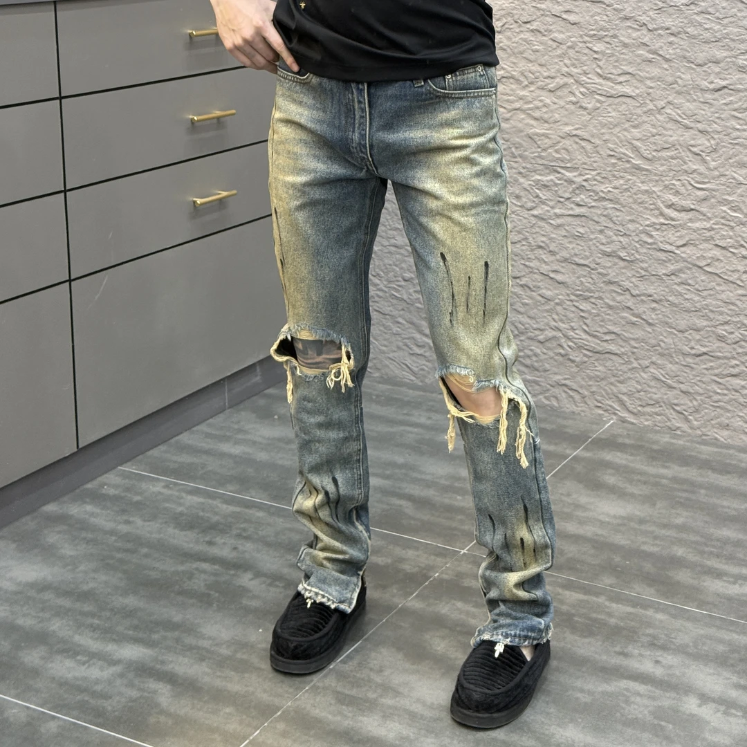 2025春季新款时尚休闲百搭做旧破洞裤脚拉链男士拖地牛仔长裤K60