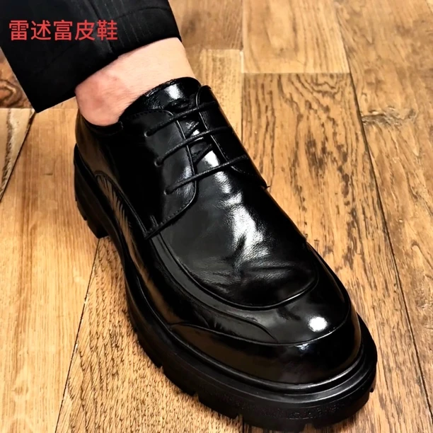 品牌雷述富头层牛皮增高休闲皮鞋圆头透气春秋百搭系带皮鞋休闲鞋