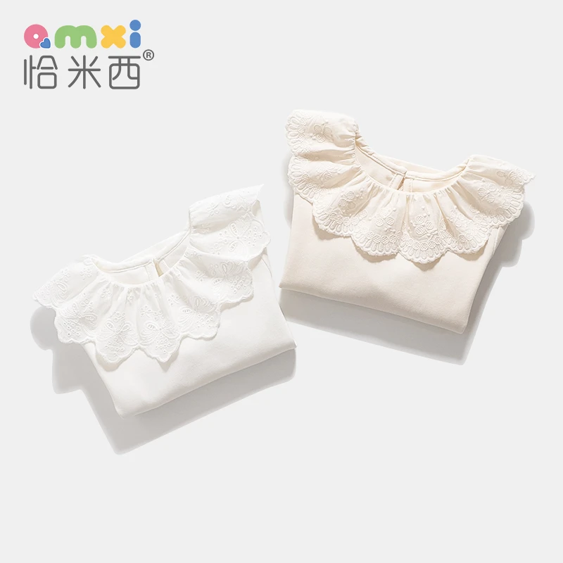 2025春季女童蕾丝翻领打底衫0-1-2岁女宝宝长袖T恤娃娃领春秋装