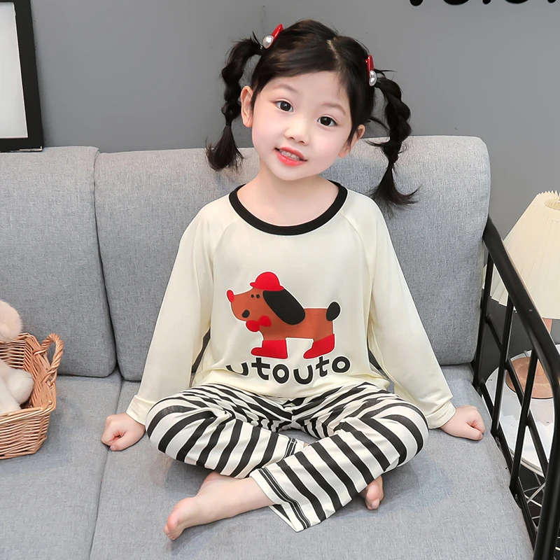 女童睡衣莫代尔长袖夏季薄款空调服条纹卡通狗儿童宝宝家居服套装