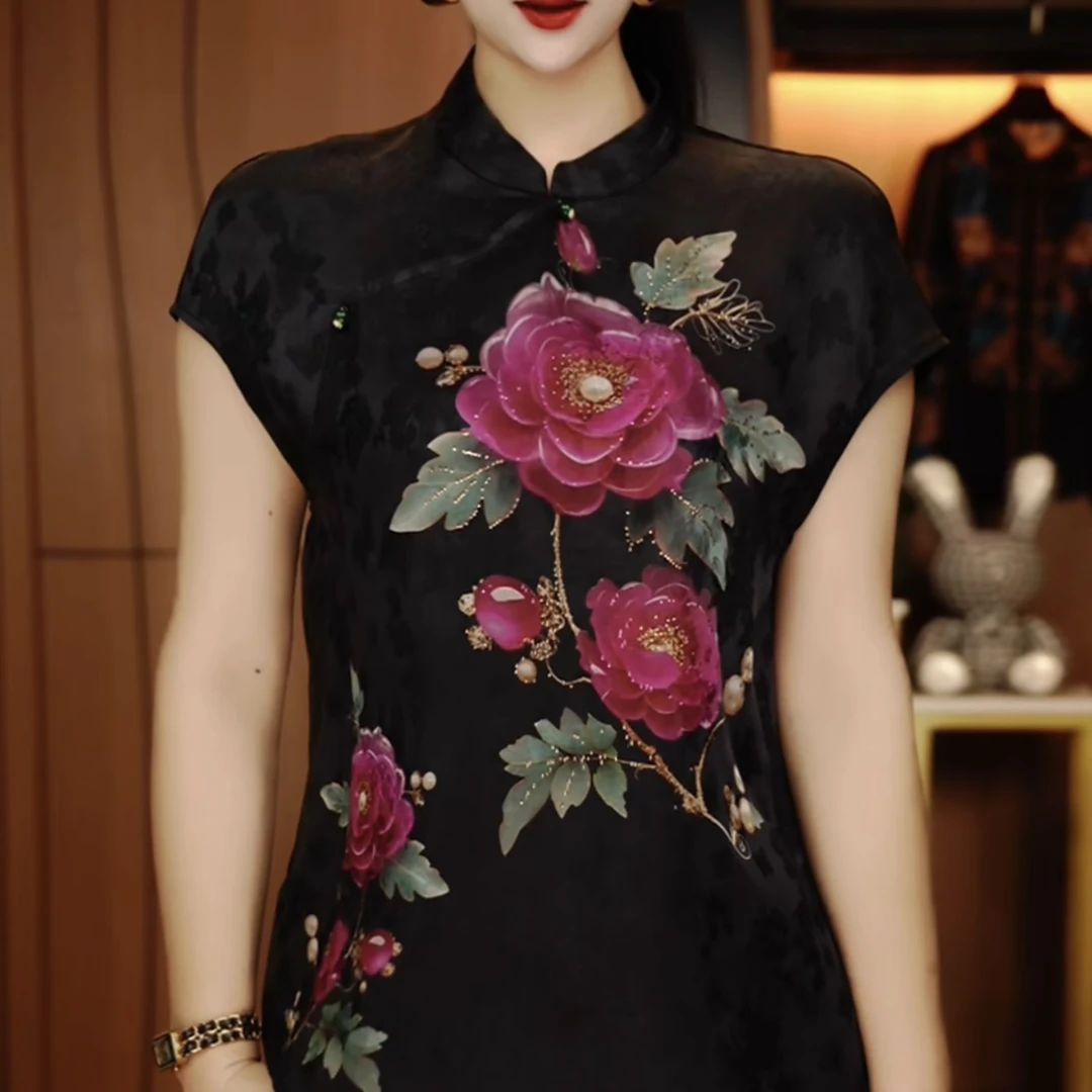 【现货】新中式盘扣衬衫女短袖夏季国风提花百搭气质妈妈印花上衣