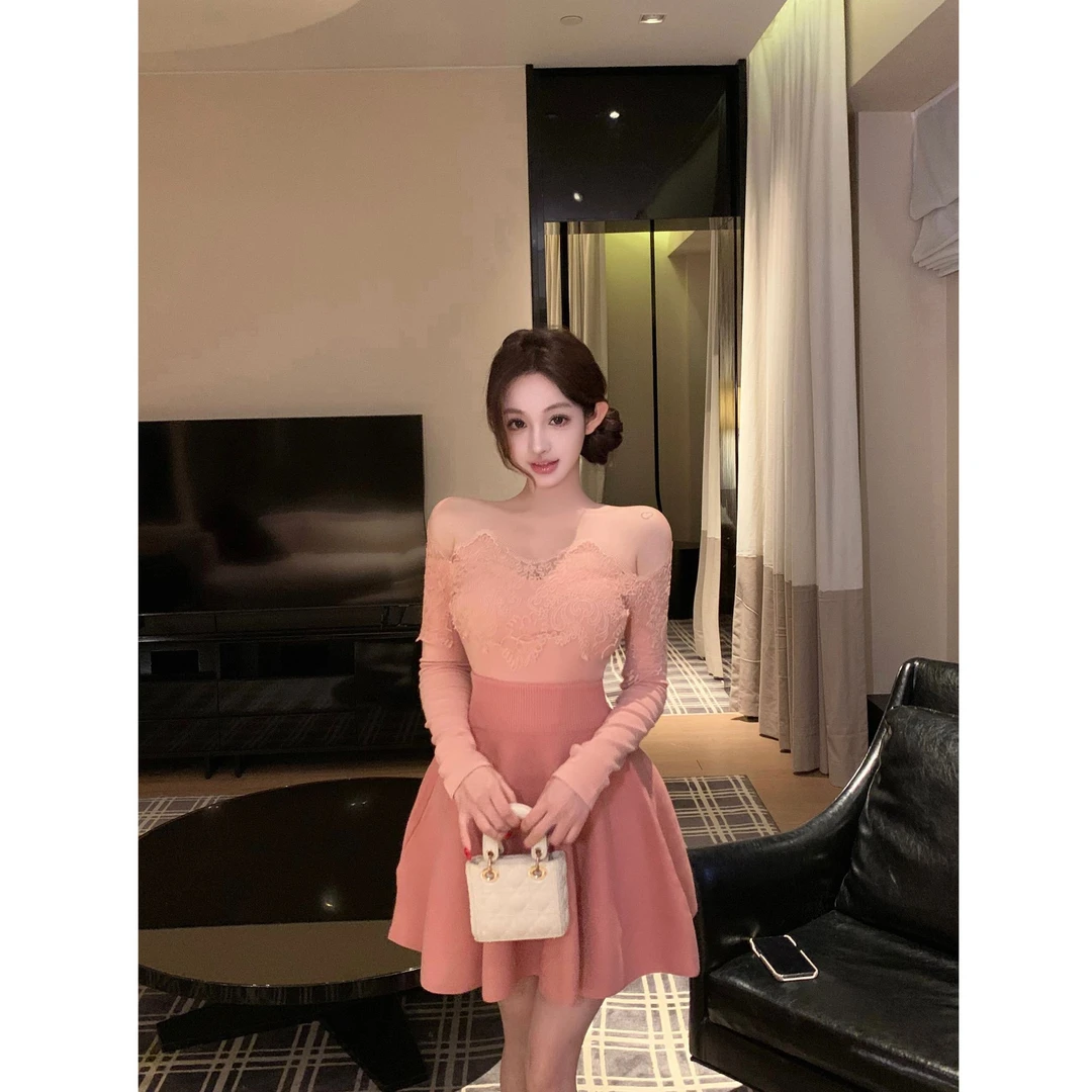 【芷若芳心】2025秋冬新款蕾丝长袖针织上衣女高腰名媛风半裙两件套