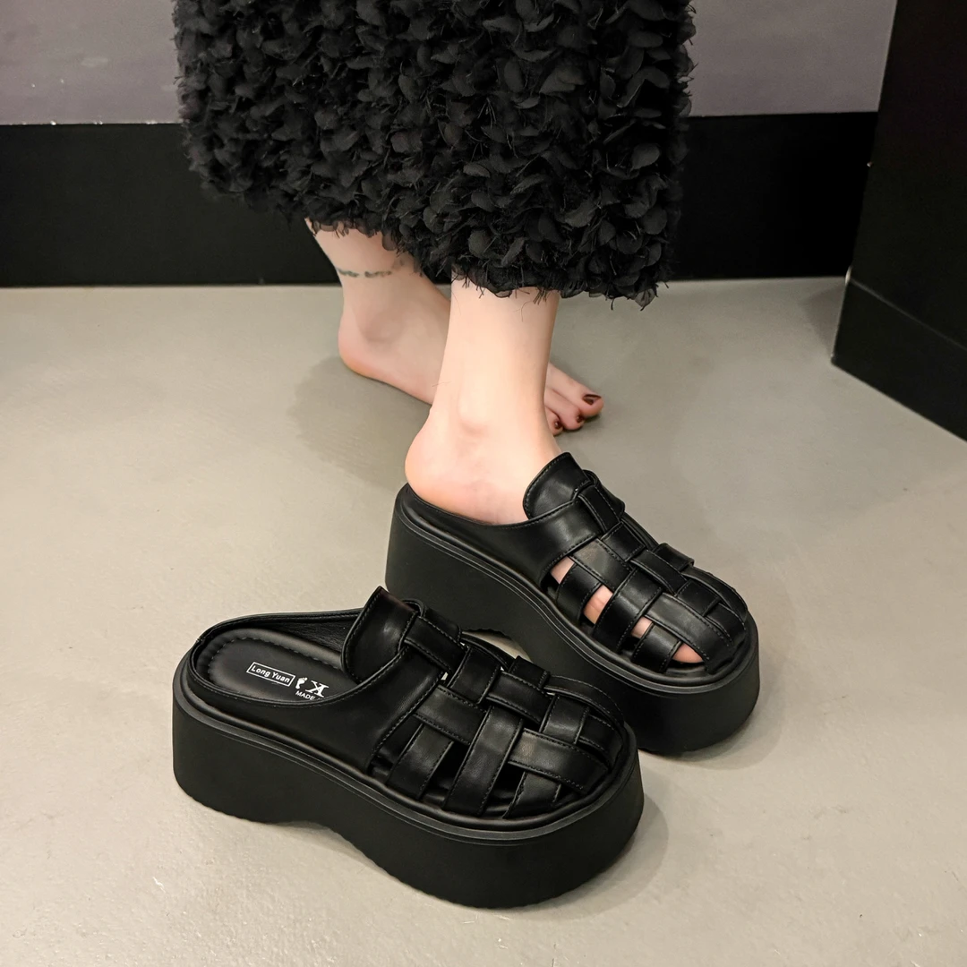 【5cm+7cm】厚底包头半拖鞋女2025夏季新款增高百搭外穿懒人凉鞋