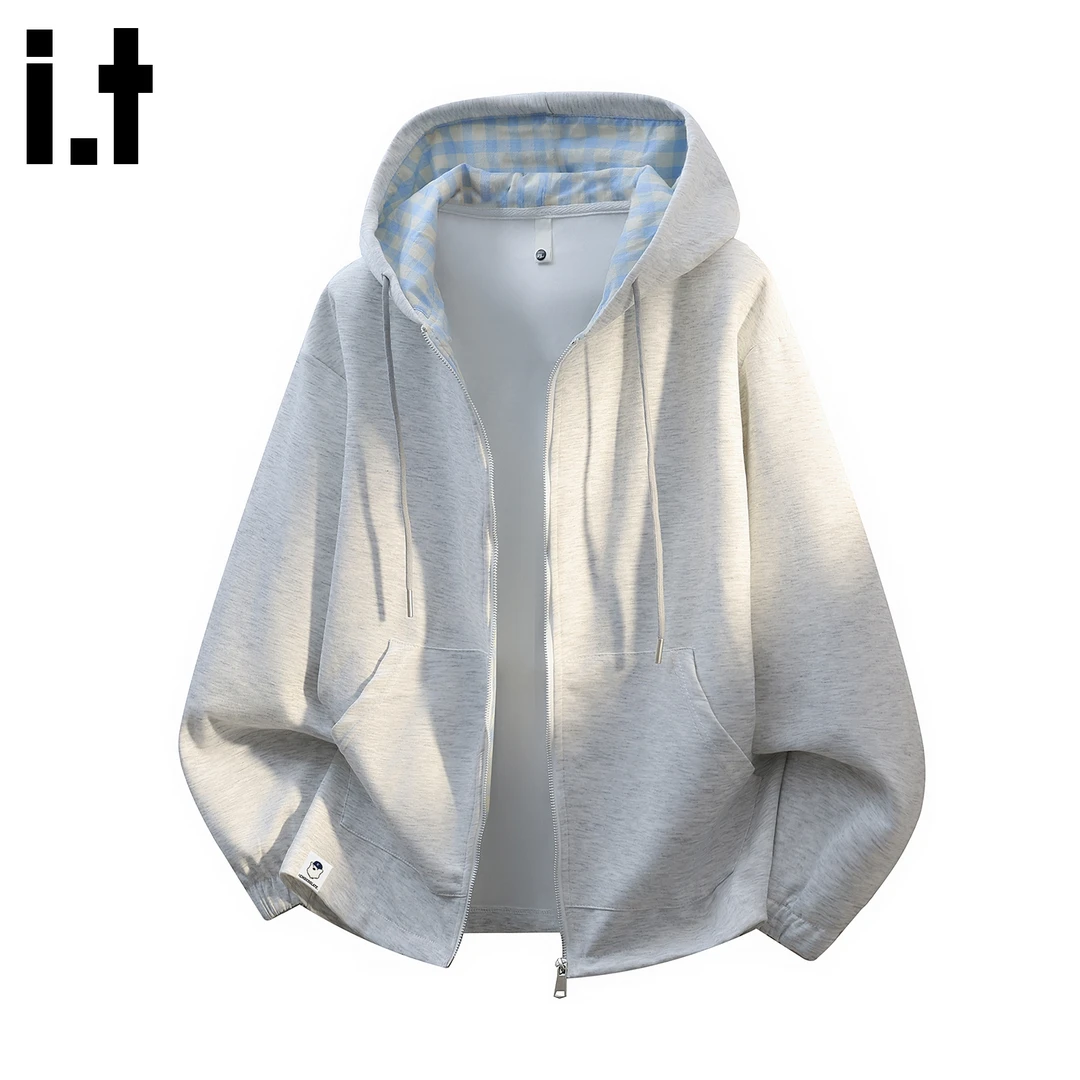 i.t:CHOCOOLATE格子开衫卫衣男士秋冬季新款宽松百搭休闲连帽外套