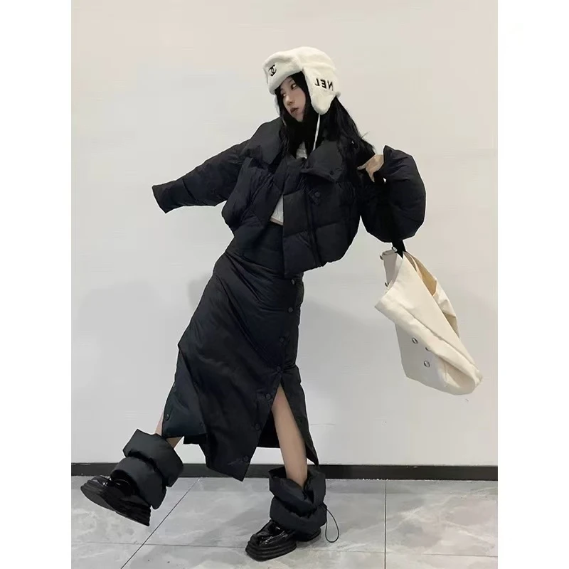 黑色棉服套装裙气质百搭2024年新款加厚保暖两件套8289