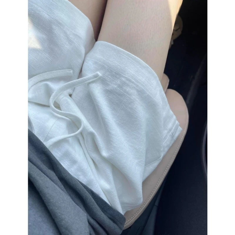 韩系白色棉麻阔腿短裤女大码胖mm夏季松紧腰抽绳水洗棉a字三分裤