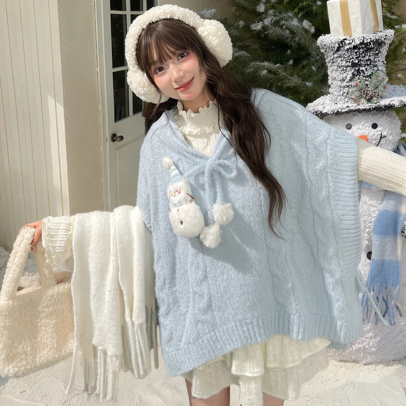森女部落甜美风百搭针织斗篷外套2025新款连帽毛衣女秋冬宽松上衣