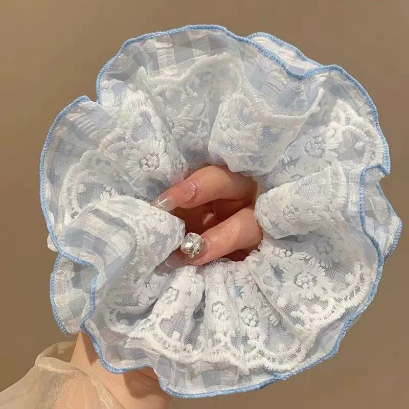 新款韩系清新蕾丝格纹纱质大肠发圈头花时尚丸子头发绳头绳