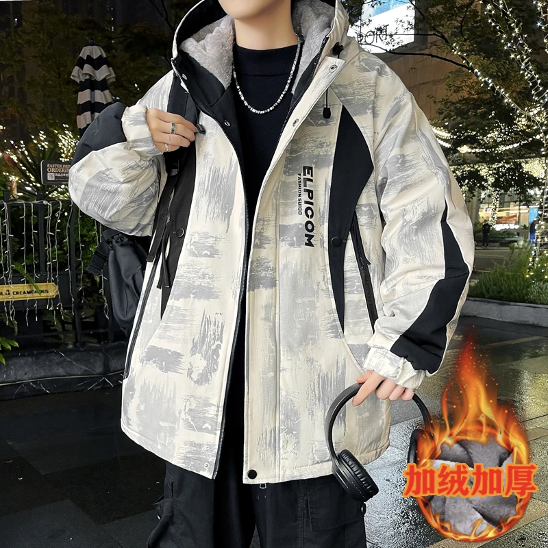 冬季连帽青少年撞色保暖夹克加绒加厚休闲学生百搭ins连帽外套男