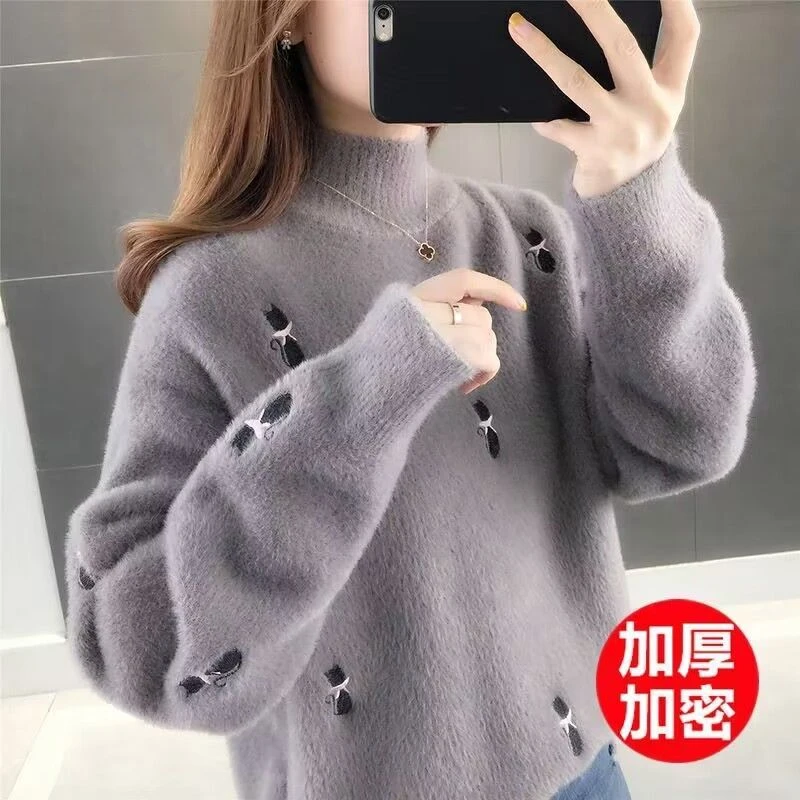 半高领水貂绒短款毛衣女秋冬2025韩版宽松内搭加厚针爆款洋气新款