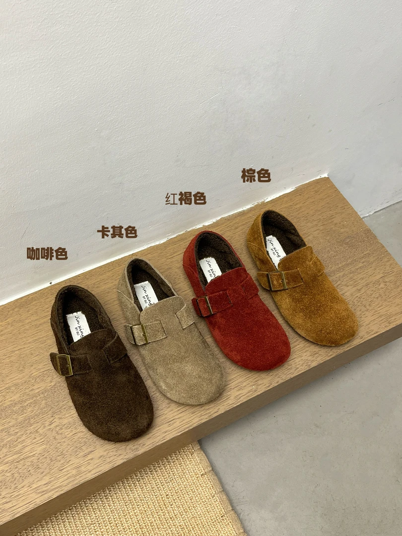 8156-6A头层牛皮勃肯鞋圆头加绒平底低跟纯色冬季软底保暖外穿