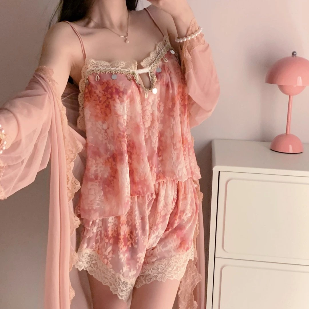 碎花夏季V领辣妹睡裙长袖薄款蕾丝网纱睡衣性感女装轻奢休闲风