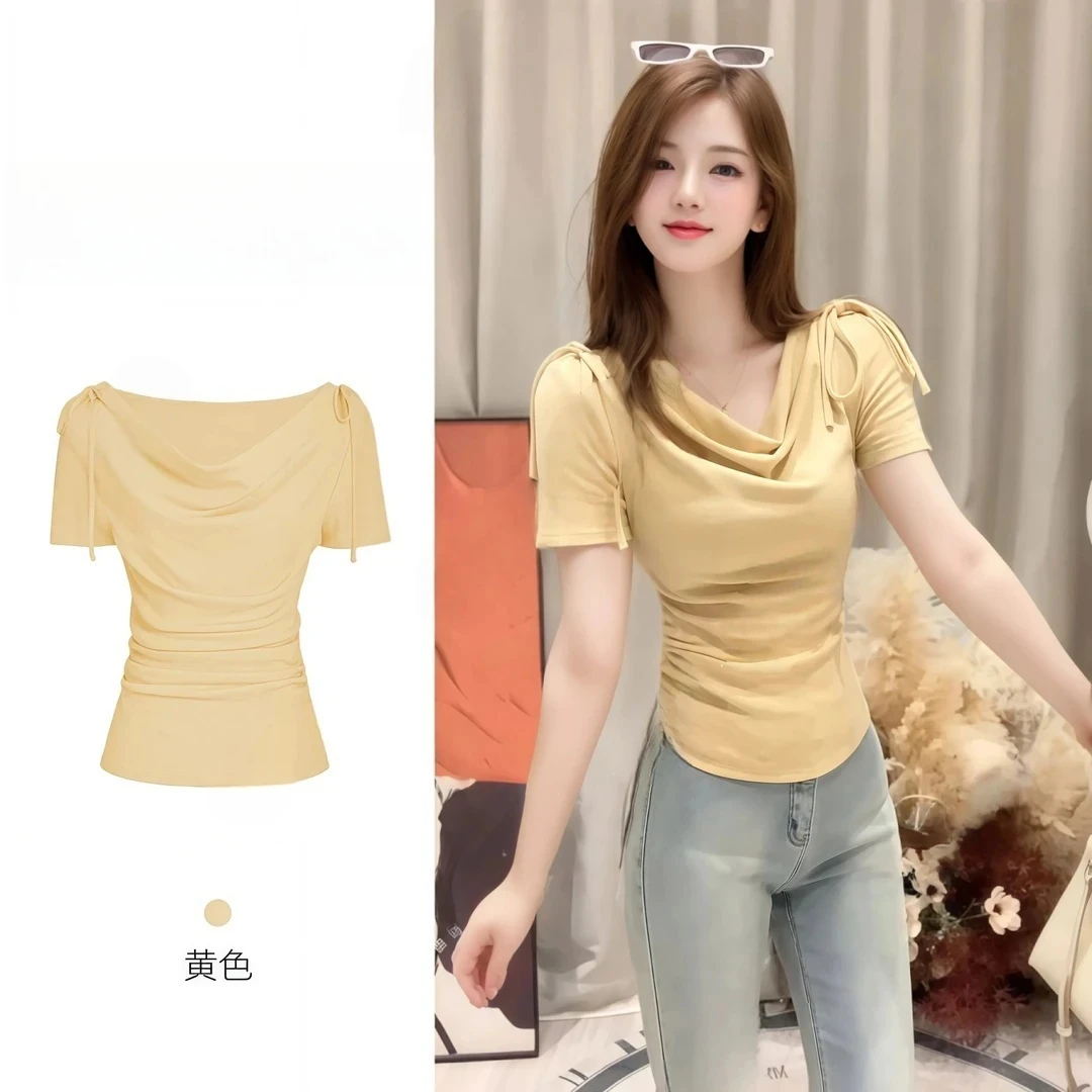 纯欲风荡领修身显瘦短袖T恤女夏韩版正肩系带独特别致设计感上衣