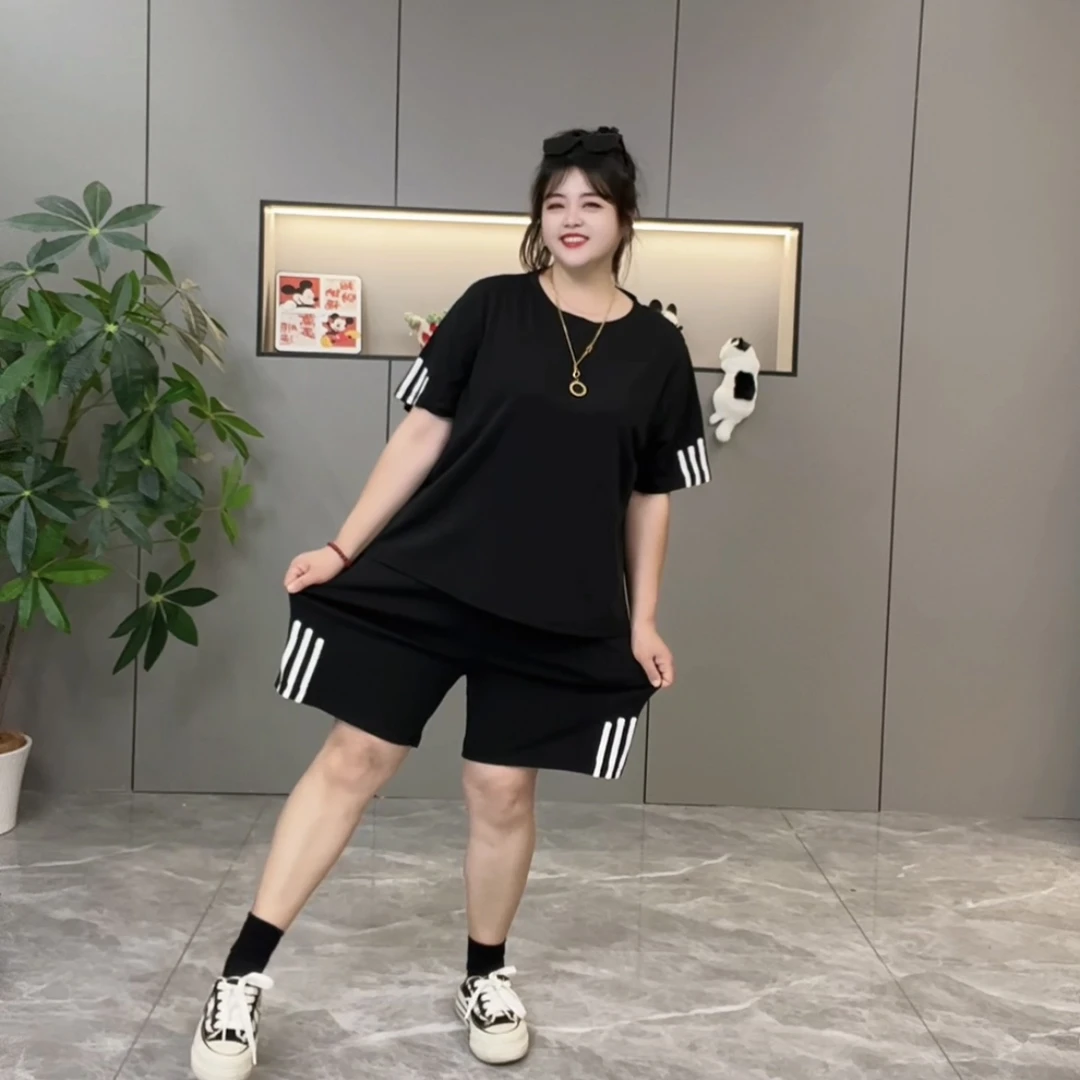 夏季休闲运动大码套装女2025新款透气短袖五分裤两件套2945