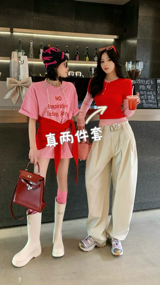 SISTER姐妹家【早春多巴胺穿搭】洋气拼色叠穿修身长袖短袖两件套T